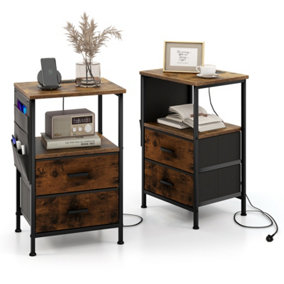 Costway Set of 2 End Table Nightstand with Charging Station Industrial Bedside Table W/ 2 Drawers