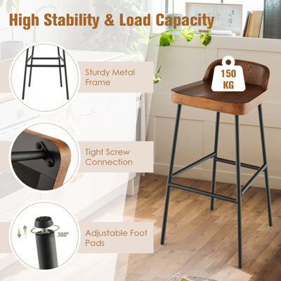 Costway Set of 2 Industrial Bar Stools Tall Kitchen Stools Breakfast High Chair Low Back