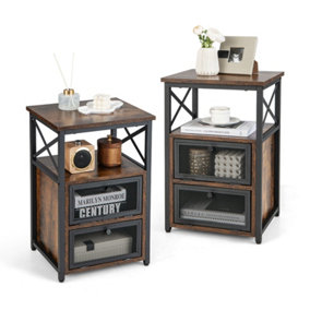 Costway Set of 2 Industrial Nightstand 3-tier Wooden Bedside Table End Table 2 Drawers