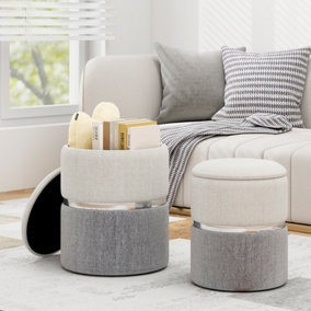 Costway Set of 2 Linen Fabric Storage Ottoman Upholstered Modern Round Footstool 21L+32L