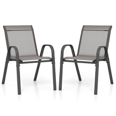 Costway Set of 2 Patio Chairs Stackable Metal Breathable Fabric Dining Chair