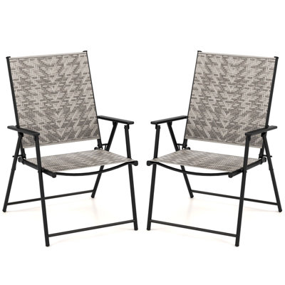 Costway Set of 2 Patio Folding Chairs Outdoor Wicker Dining Chairs with Armrests