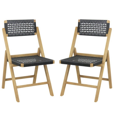 Costway Set of 2 Patio Folding Chairs Portable Garden Dining Chairs w/ Woven Rope Seat