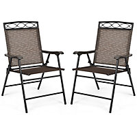 Costway Set of 2 Patio Folding Chairs Sling Chairs Armchair Dining Chair Set w/ Armrest