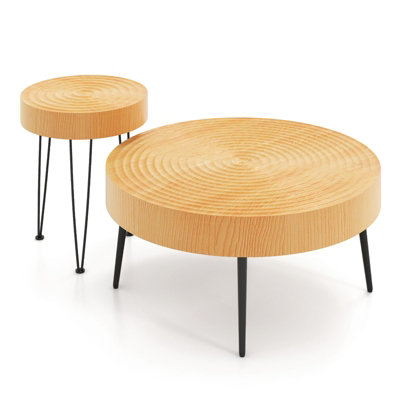 COOS BAY Sand Dune Set Of 3 Round Wood Top Stacking Nesting Coffee Tables With Metal Base And Ottoman With Blue Cushion