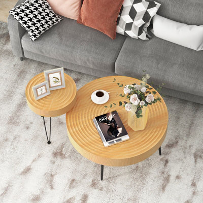 Costway Set of 2 Round Nesting Coffee Table Solid Wood Accent Stacking ...