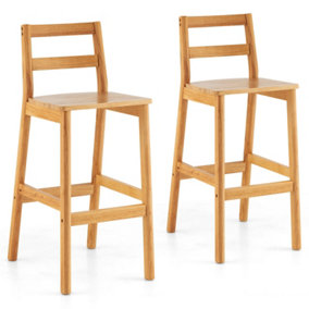 Costway Set of 2 Rubber Wood Bar Height Stools Dining Chairs w/ Backrests Footrest