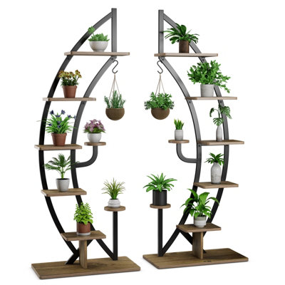 Costway Set of 2 Tall Wooden 8-Tier Plant Stand Rack Curved Half Moon Shape Ladder Shelf