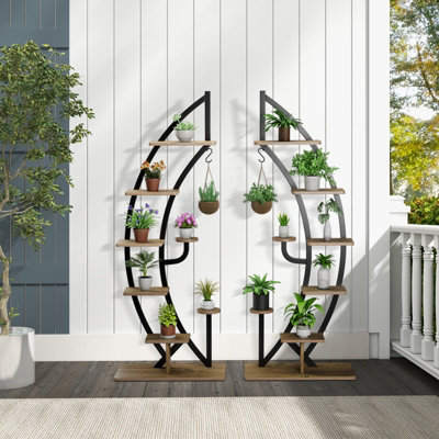Costway Set of 2 Tall Wooden 8-Tier Plant Stand Rack Curved Half Moon Shape Ladder Shelf - 5