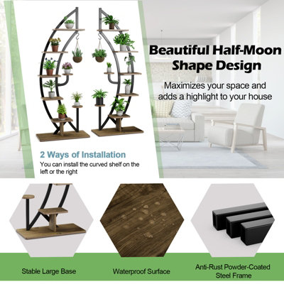Costway Set of 2 Tall Wooden 8-Tier Plant Stand Rack Curved Half Moon Shape Ladder Shelf - 7