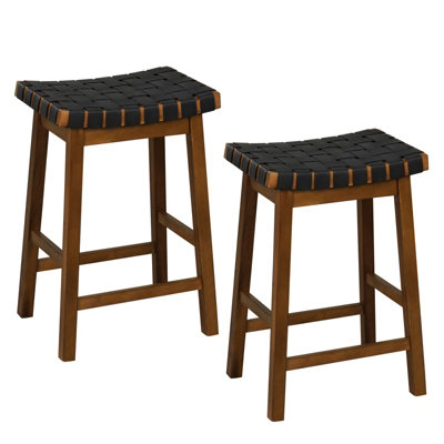 Costway Set of 2 Woven Saddle Stools Faux PU Leather Counter