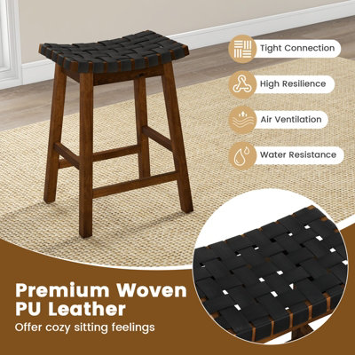 Costway Set of 2 Woven Saddle Stools Faux PU Leather Counter