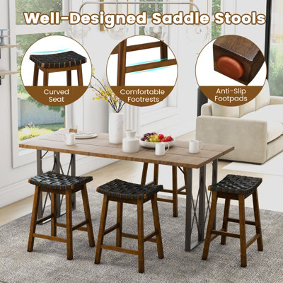 COSTWAY Set Of 2 Upholstered Saddle Stools - 25" Height, Solid Wood Legs, Backless Bar Stools For Kitchen Island (Walnut & Grey)