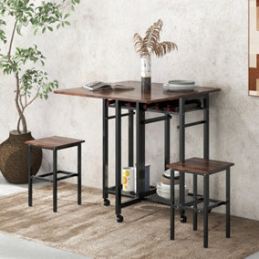 Costway Set of 3 Dining Table Set Extendable Kitchen Table 2 Stools w/ Wine Rack