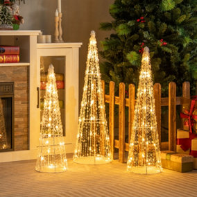 Costway Set of 3 Lighted Christmas Cone Trees 32" / 27" / 24" Glittered Christmas Tree