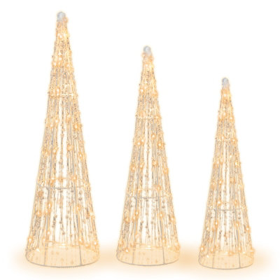 Costway Set of 3 Lighted Christmas Cone Trees 62/72/81 cm Glittered Christmas Tree