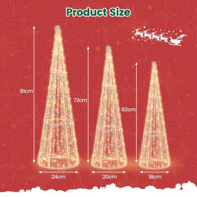 Costway Set of 3 Lighted Christmas Cone Trees 62/72/81 cm Glittered Christmas Tree - 3