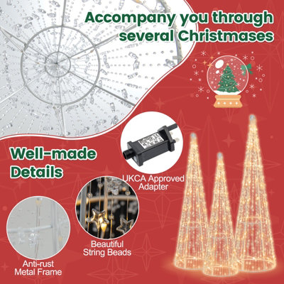 Costway Set of 3 Lighted Christmas Cone Trees 62/72/81 cm Glittered Christmas Tree - 9