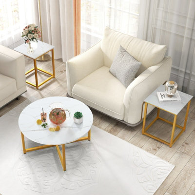 Costway Set of 3 Modern Coffee Table Set Round Coffee Table and 2PCS Square End Tables