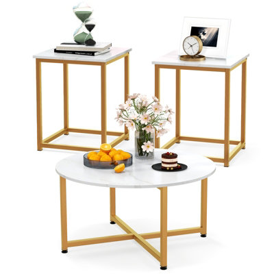 Costway Set of 3 Modern Coffee Table Set Round Coffee Table and 2PCS Square End Tables