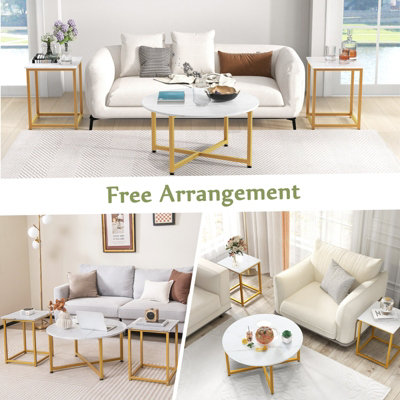 Costway Set of 3 Modern Coffee Table Set Round Coffee Table and 2PCS Square End Tables