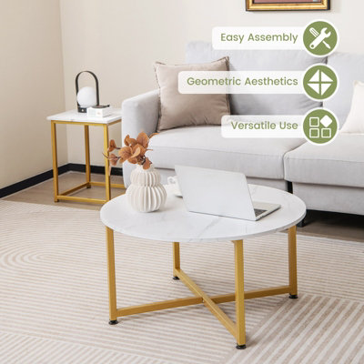 Costway Set of 3 Modern Coffee Table Set Round Coffee Table and 2PCS Square End Tables