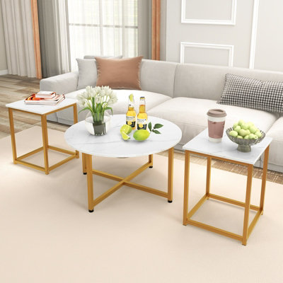 Costway Set of 3 Modern Coffee Table Set Round Coffee Table and 2PCS Square End Tables