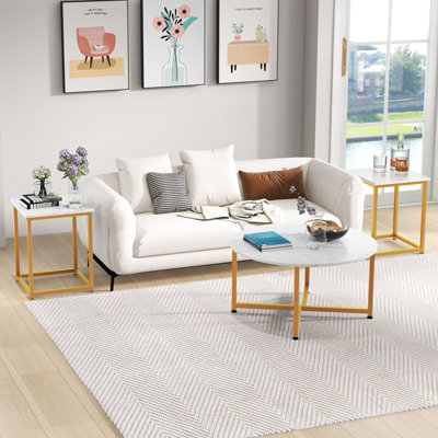 Costway Set of 3 Modern Coffee Table Set Round Coffee Table and 2PCS Square End Tables
