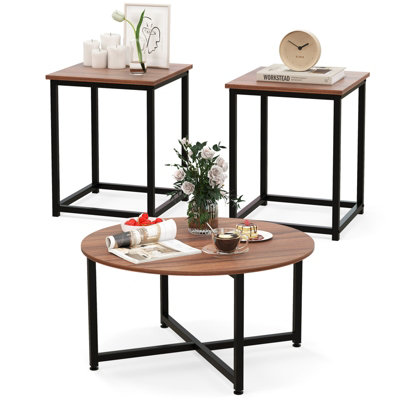 Costway Set of 3 Modern Coffee Table Set Round Coffee Table and 2PCS Square End Tables