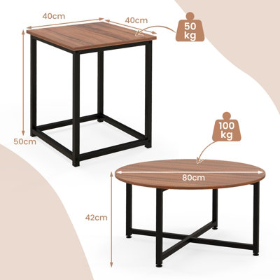 Costway Set of 3 Modern Coffee Table Set Round Coffee Table and 2PCS Square End Tables