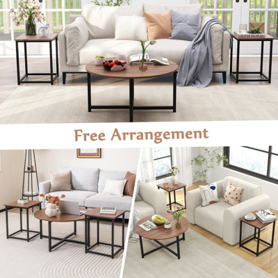 Costway Set of 3 Modern Coffee Table Set Round Coffee Table and 2PCS Square End Tables