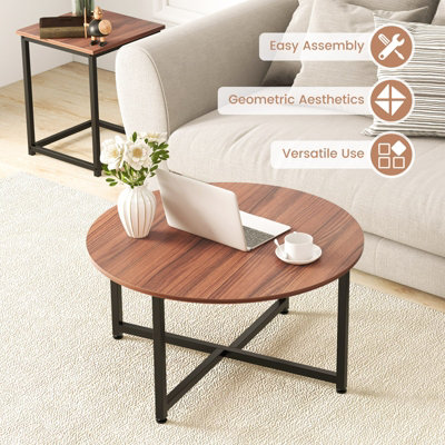 Costway Set of 3 Modern Coffee Table Set Round Coffee Table and 2PCS Square End Tables
