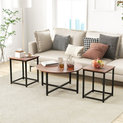 Costway Set of 3 Modern Coffee Table Set Round Coffee Table and 2PCS Square End Tables