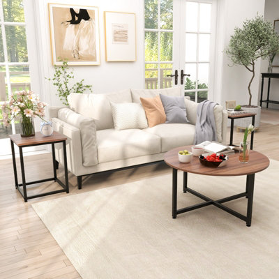 Costway Set of 3 Modern Coffee Table Set Round Coffee Table and 2PCS Square End Tables