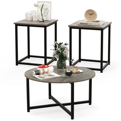 Costway Set of 3 Modern Coffee Table Set Round Coffee Table and 2PCS Square End Tables