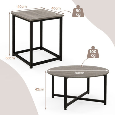 Costway Set of 3 Modern Coffee Table Set Round Coffee Table and 2PCS Square End Tables