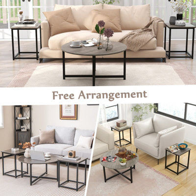 Costway Set of 3 Modern Coffee Table Set Round Coffee Table and 2PCS Square End Tables