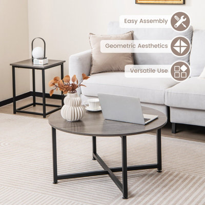 Costway Set of 3 Modern Coffee Table Set Round Coffee Table and 2PCS Square End Tables