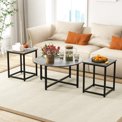 Costway Set of 3 Modern Coffee Table Set Round Coffee Table and 2PCS Square End Tables