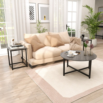 Costway Set of 3 Modern Coffee Table Set Round Coffee Table and 2PCS Square End Tables
