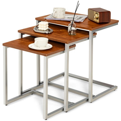 Costway Set of 3 Nesting Coffee Tables Stackable C-shaped End Table w/ Metal Frame