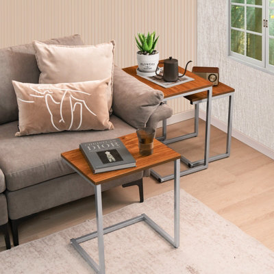 Costway Set of 3 Nesting Coffee Tables Stackable C-shaped End Table w/ Metal Frame
