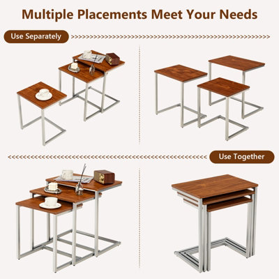 Costway Set of 3 Nesting Coffee Tables Stackable C-shaped End Table w/ Metal Frame