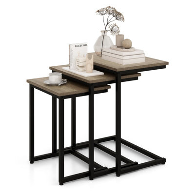 Costway Set of 3 Nesting Tables Rectangle Stacking Side Table C-shape Accent Coffee Desk