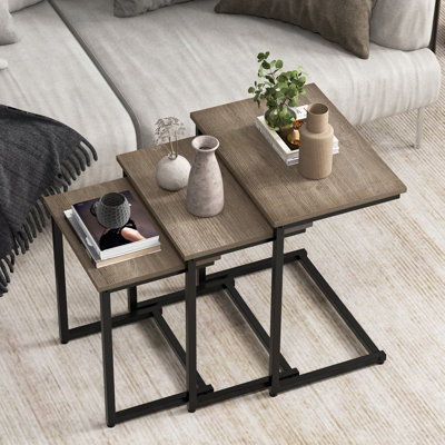 Costway Set of 3 Nesting Tables Rectangle Stacking Side Table C-shape Accent Coffee Desk
