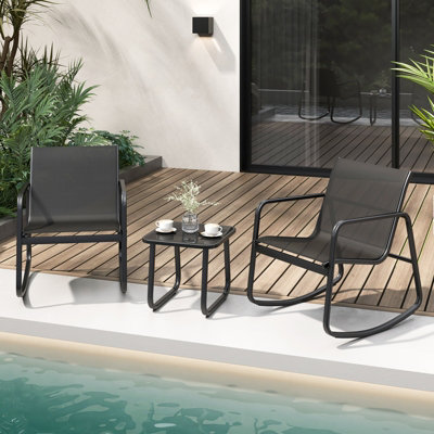 Costway Set of 3 Patio Rocking Set 2 Rocking Bistro Chairs & Glass-Top Table Furniture