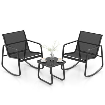 Costway Set of 3 Patio Rocking Set 2 Rocking Bistro Chairs & Glass-Top Table Furniture