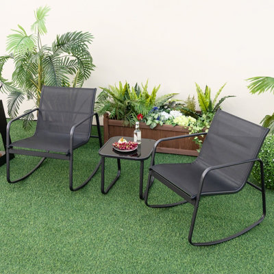 Costway Set of 3 Patio Rocking Set 2 Rocking Bistro Chairs & Glass-Top Table Furniture - 4