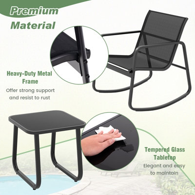 Costway Set of 3 Patio Rocking Set 2 Rocking Bistro Chairs & Glass-Top Table Furniture - 7