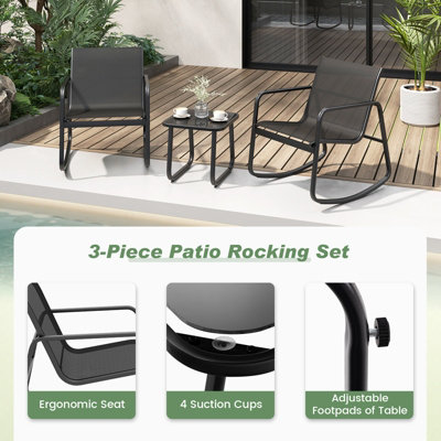 Costway Set of 3 Patio Rocking Set 2 Rocking Bistro Chairs & Glass-Top Table Furniture - 9